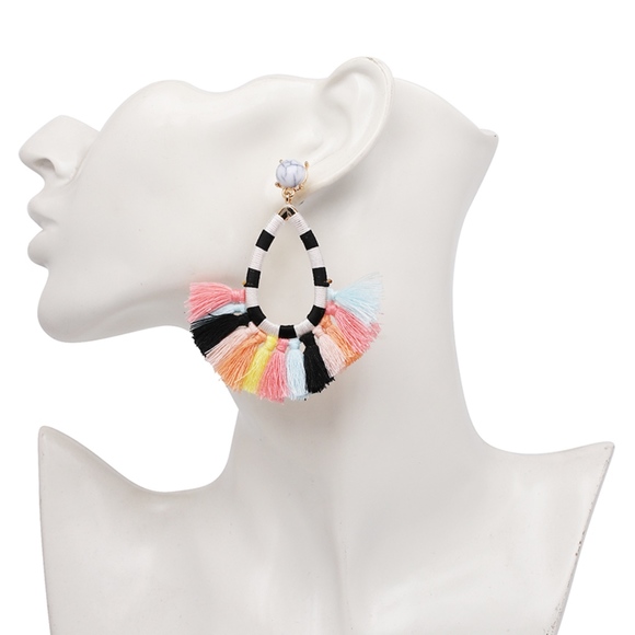 Black white Hoop Multi Fringe Marble stud Earrings - Picture 2 of 4